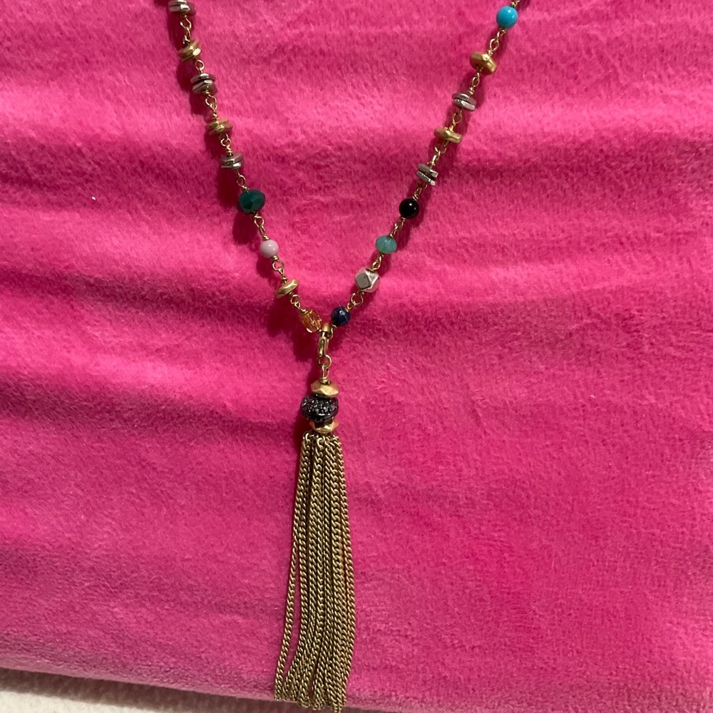Multicolored Beaded Chain with Gold Chain Tassels